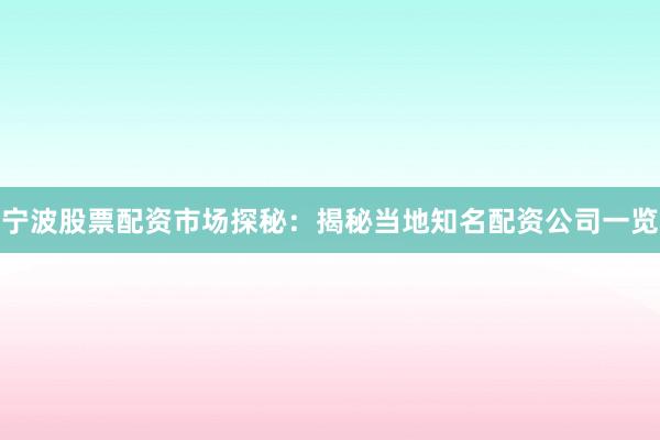 宁波股票配资市场探秘:揭秘当地知名配资公司一览
