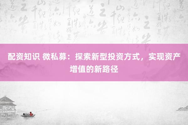 配资知识 微私募：探索新型投资方式，实现资产增值的新路径